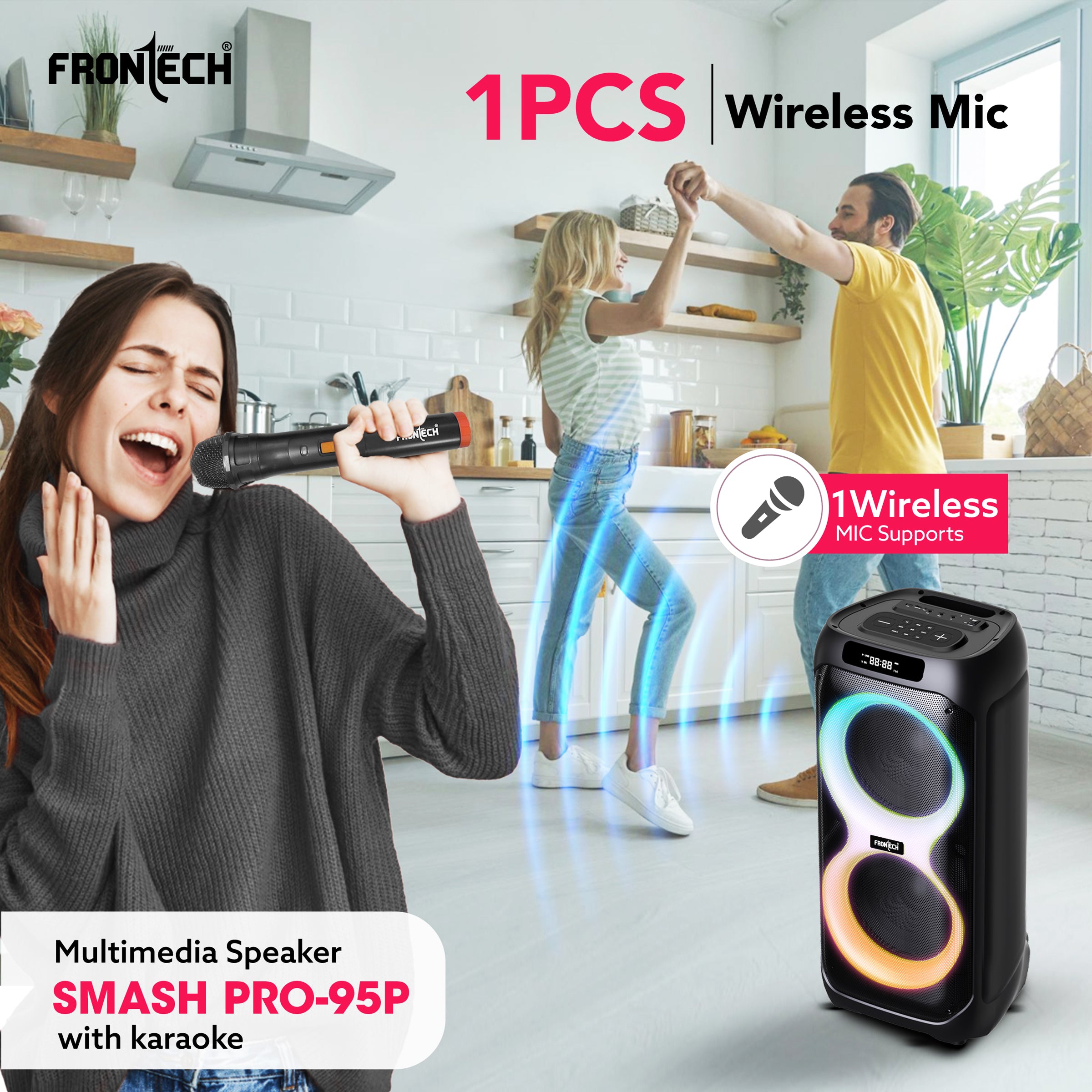 FRONTECH Smash PRO-95P Multimedia Bluetooth Speaker | 150W Output | RGB Lights | Wireless Mic & Karaoke | Dual 10 FRONTECH Smash PRO-95P Multimedia Bluetooth Speaker | 150W Output | RGB Lights | Wireless Mic & Karaoke | Dual 10